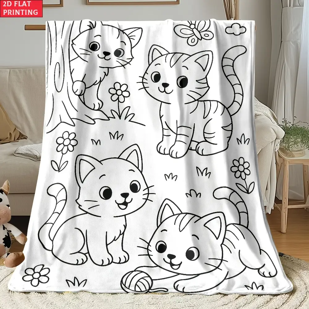 Cute Cat Coloring Book Style Blanket, Soft Flannel Throw Blanket with Black White Kitten Flower Yarn Ball Print, Cozy Gift for Kids Girls Toddlers and Cat Lovers, Fun Pet Lover Blanket for Bed Couch Sofa Bedroom Nursery, Lightweight Warm Blanket