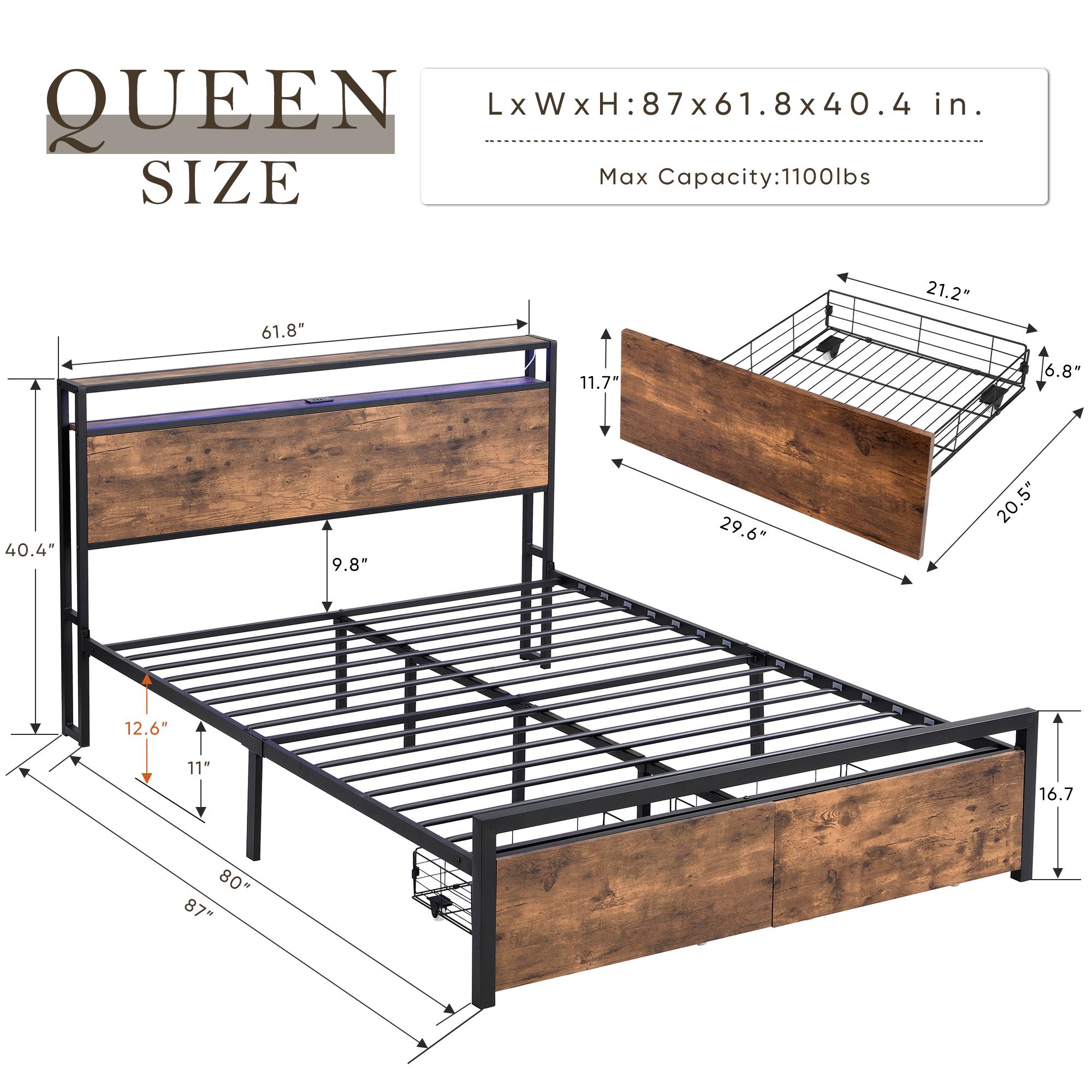 Queen Size Bed Frame with Mattress, LED Lights & Charging Station, Storage Headboard with Drawers, Noise-Free Platform Bed, No Box Spring Needed – Cama Queen con Colchón