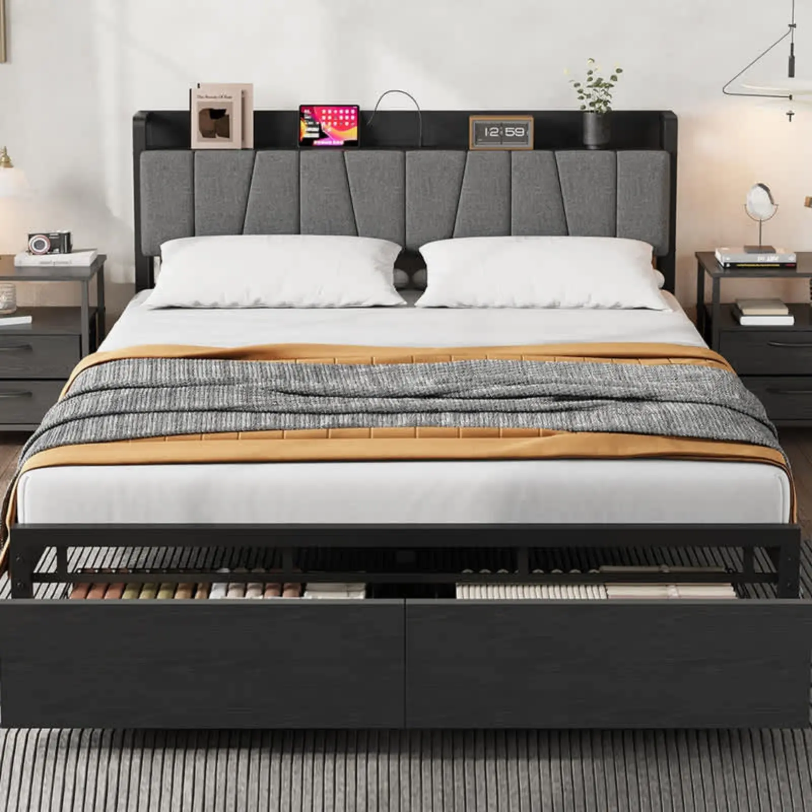 Gaomon Modern Queen Size Black Upholstered Framed Storage Platform Bed - Tall Headboard, Built-in Charging Ports, AC Outlets, Sturdy Metal Slats, Spacious Rolling Drawers, Convenient Shelf, 6.5ft Power Cord, Space-Saving, Easy Setup, Storage Bed