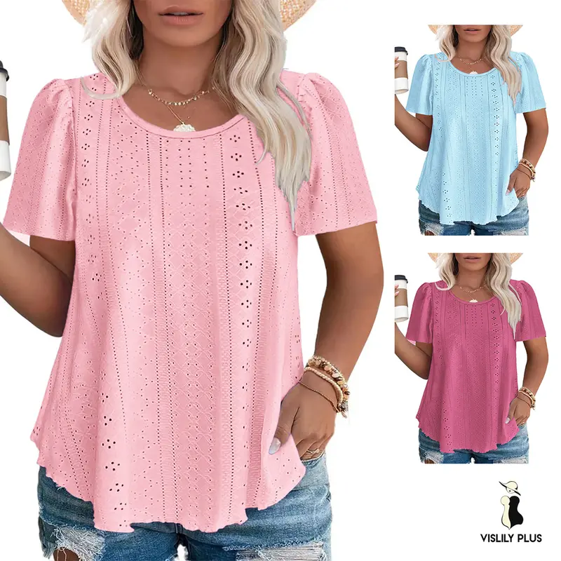 Vislily Women's Plus Size Basic Comfortable Feminine Crew Neck Short-Sleeve Eyelet T-Shirt Dress - Puff Sleeves, Breezy Hollowout, Lightweight Breathable, Curved Hemline, XL-5XL RPS2145 (Dressy Casual Wear)