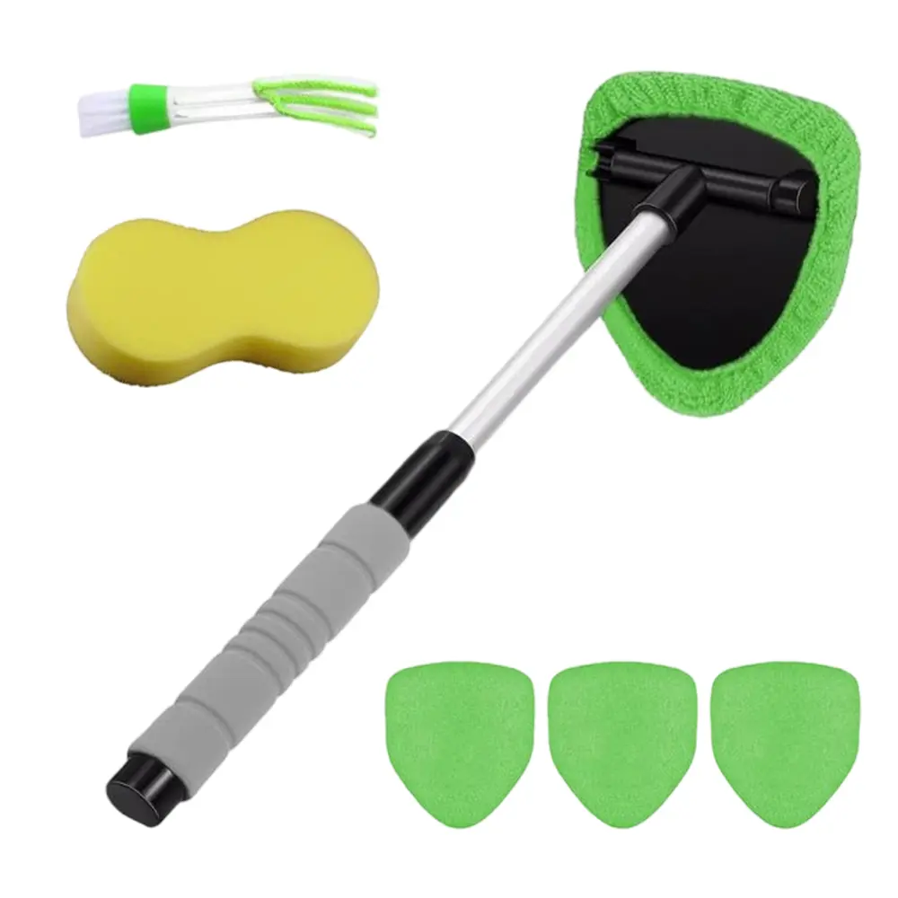 7 pcs car interior glass cleaning tool set, equipped with gap brush, extendable handle, replacement microfiber pad and sponge, suitable for hard to reach windshield and dashboard blind spots