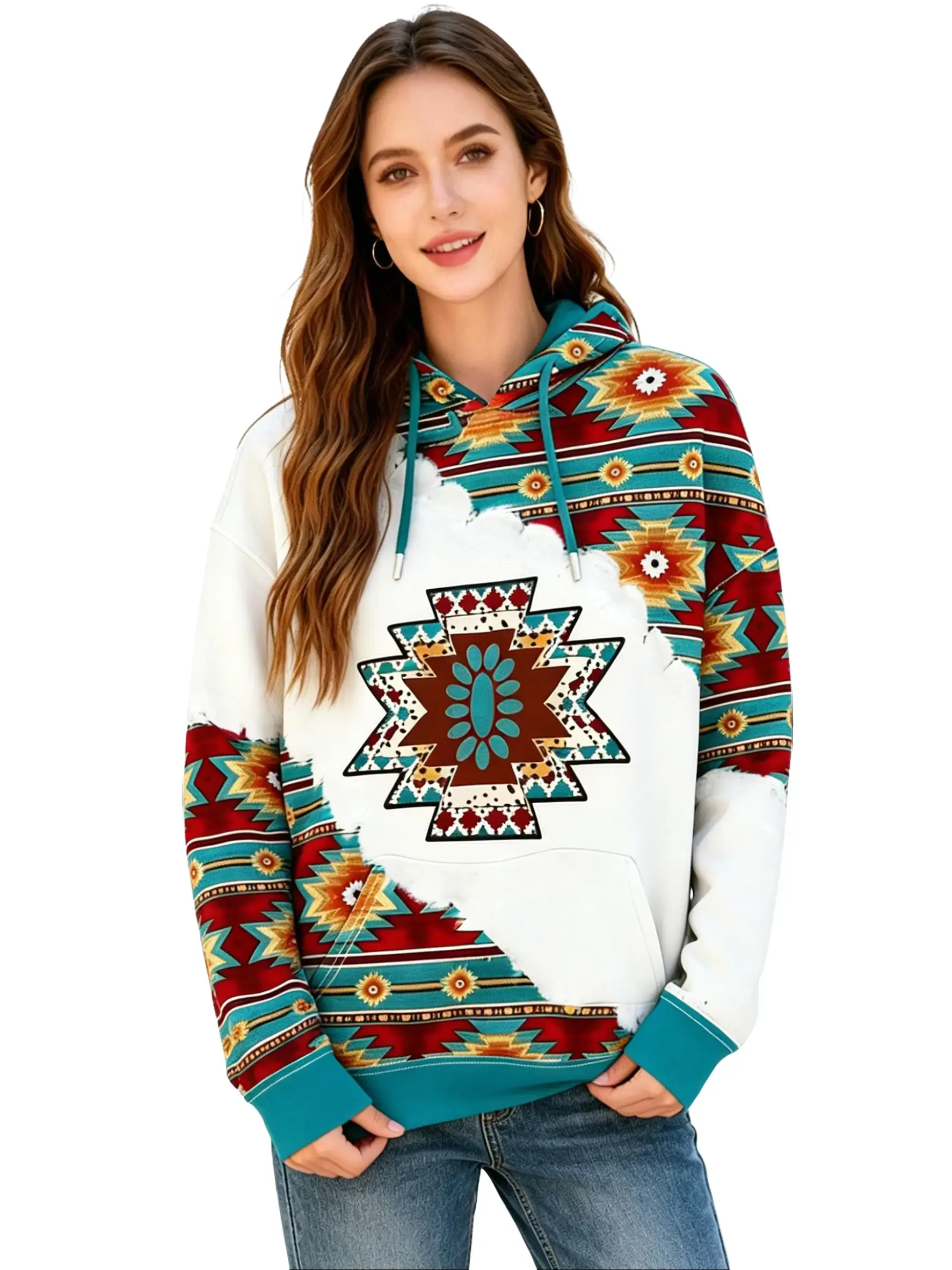 Women's Casual Long Western Sleeve Hooded Sweatshirt,Boho Pattern Color Block Hoodie In Beige & Multicolor, Comfortable Loose Fit Hooded Sweatshirt For Daily Wear, Vacation, Street Style
