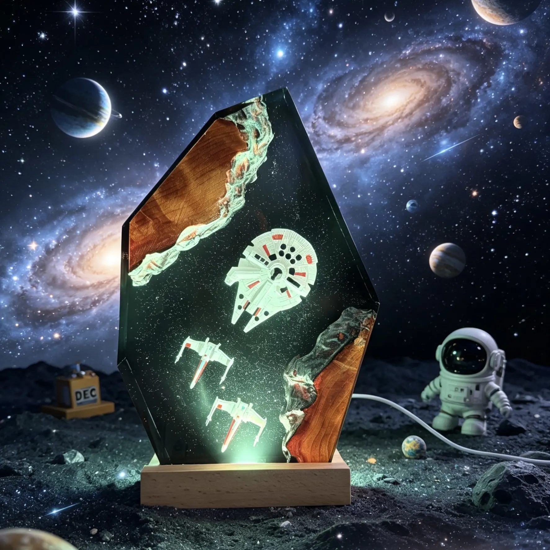 Handmade Space Ship Resin Lamp Space Galaxy Resin Night Light with Wood Base USB Charging, Unique Desktop Ornaments Bedside Decoration Lights Space Themed Bedroom Decor, Astronomy Gift for Sci-Fi Lovers, Birthday Valentine's Gifts for Women & Men