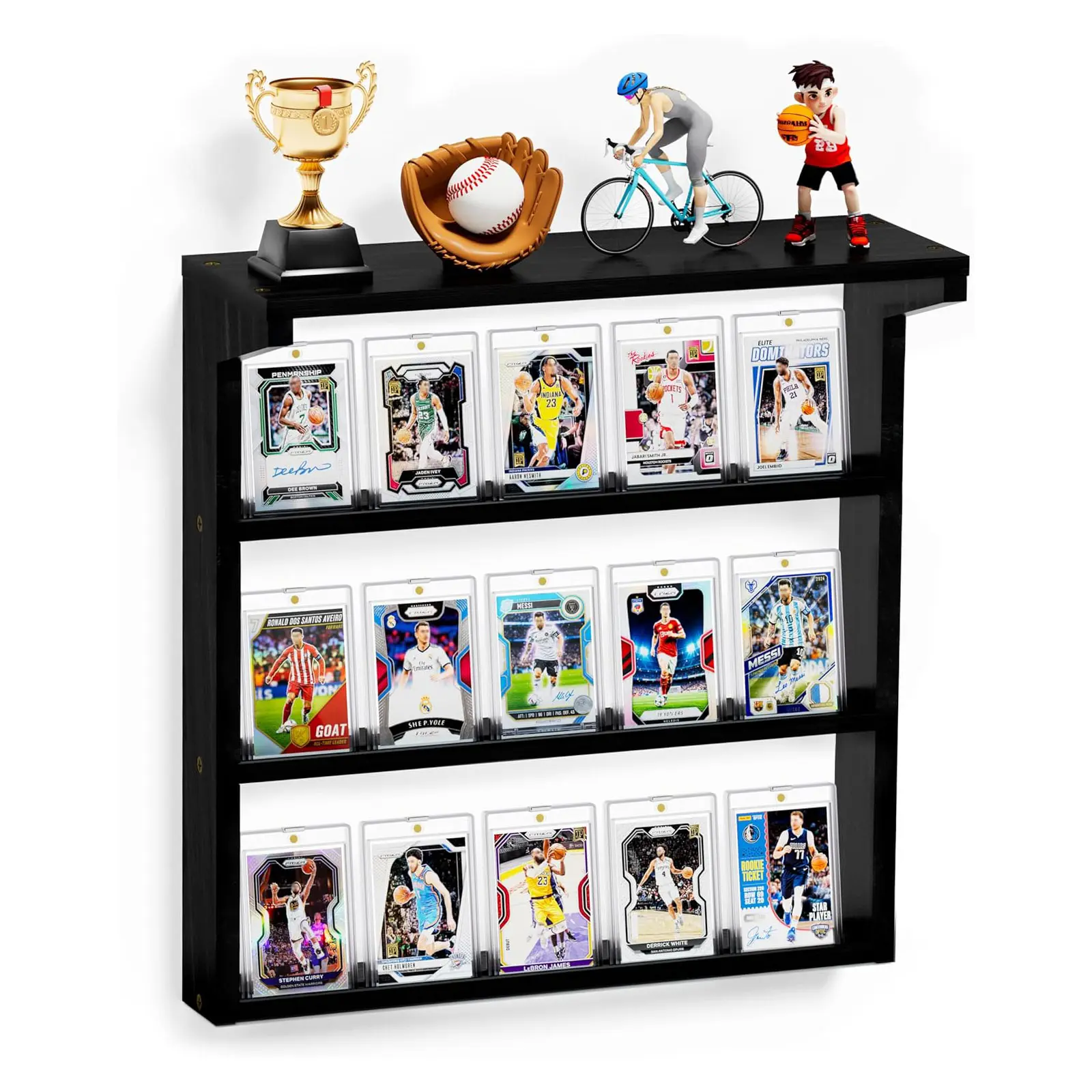 Emfogo Trading Card Display Stand for Wall, 3 Tier Wooden Graded Card Display Case and Sports Card Rack for Office Game Room, Wall Mounted Baseball Card Holder for PSA BGS SGC Slabs, Multi Functional Showcase - Black