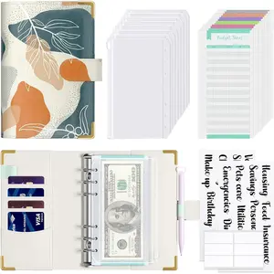 Rnivvi Budget Binder with Zipper Envelopes, A6 Money Saving Binder Cash Envelopes for Budgeting, PU Planner Money Organizer for Cash Bills, Cute Boho System Wallet for Women, Abstract Leaves