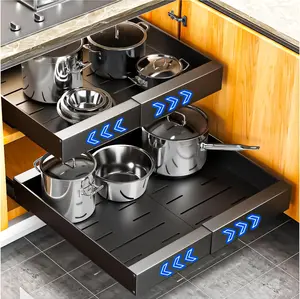 NEW Pull Out Cabinet Organizer, Expandable(12.2"-20.5") Slide Out Drawers For Kitchen Cabinets, Adhesive Film Or Screws Mount Cabinet Pull Out Shelves, Under Cabinet Organizer For Pots And Pans, Black 1PC
