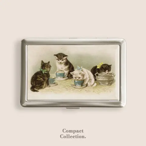 Stainless Steel Cigarette Case - Vintage 1900s Helena Maguire Art Anthropomorphic Cats Drinking Tea, 4"l x 2.67"w x 0.67"h, Metal Arms, Pressed Button Open, 100s Box, Plastic-Free, Cardholder, Stationery Organizer, Dripping Pattern, Great Gift for Friends