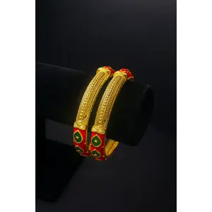 24K Royal Flame Dubai Bangles – Red & Emerald Bridal Gold Jewelry