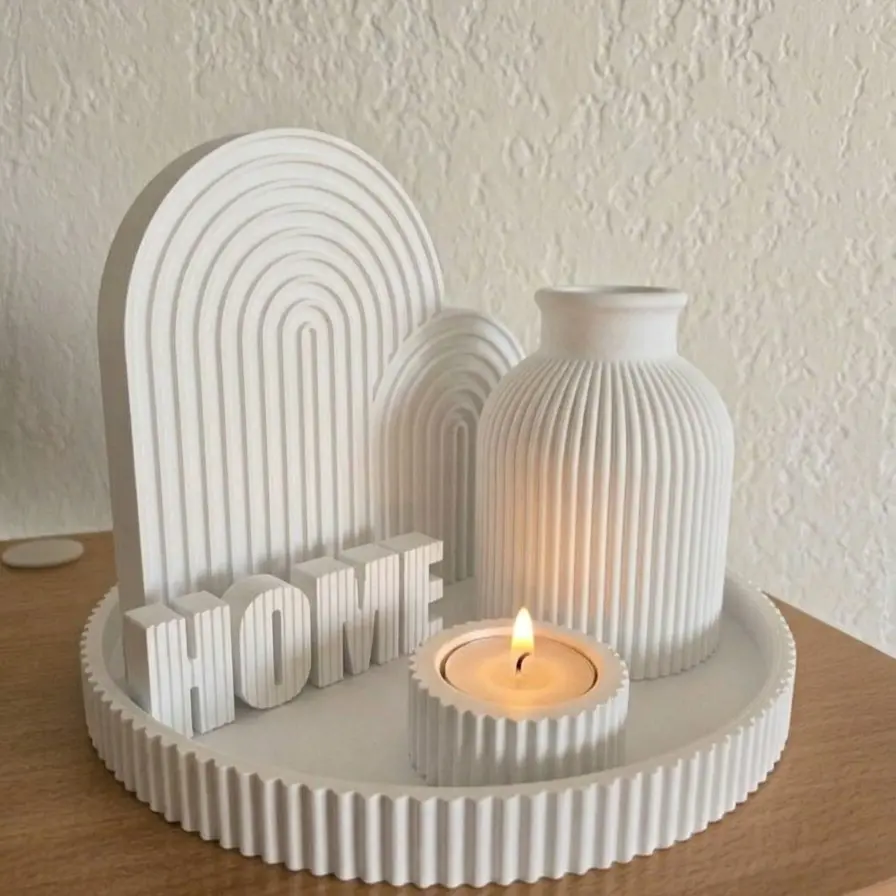 Aesthetic Boho "HOME" Decor Set | Ribbed Tray, Vase & Candle Holder Aesthetic Boho "HOME" Decor Set | Ribbed Tray, Vase & Candle Holder