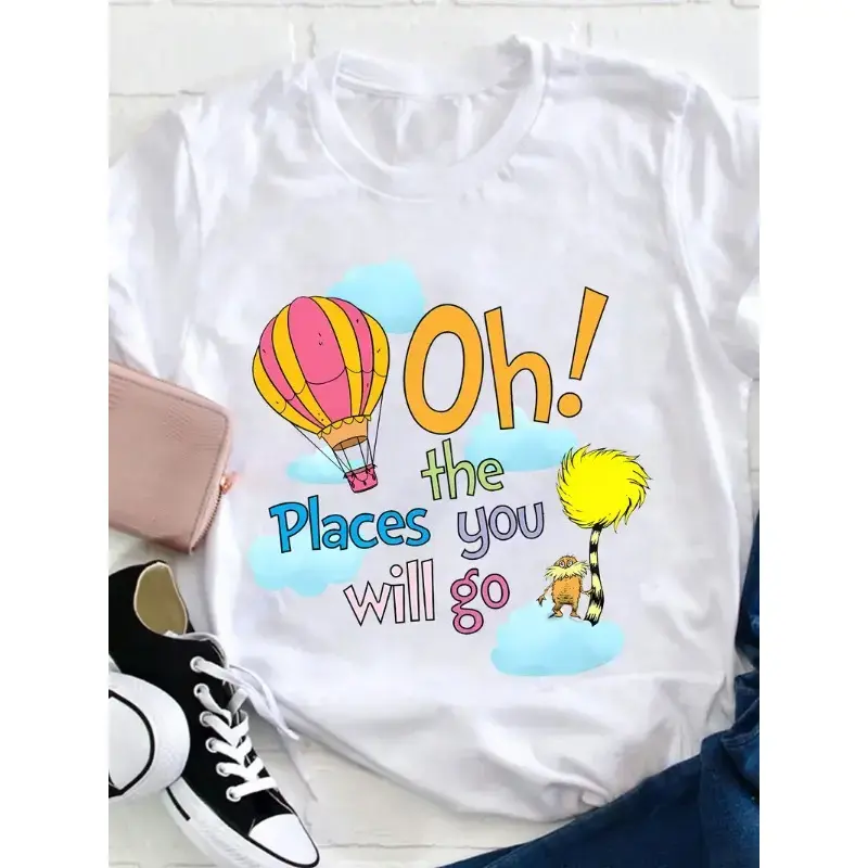 Oh The Places You Will Go, Thing 1 Thing 2, Teacher Appreciation Gifts, Teacher Shirts for Women, Graphic Tees Women, Teacher Outfits for Women, Women's Casual Round Neck T-shirt, Cotton Tshirt Fitted, Cotton Top