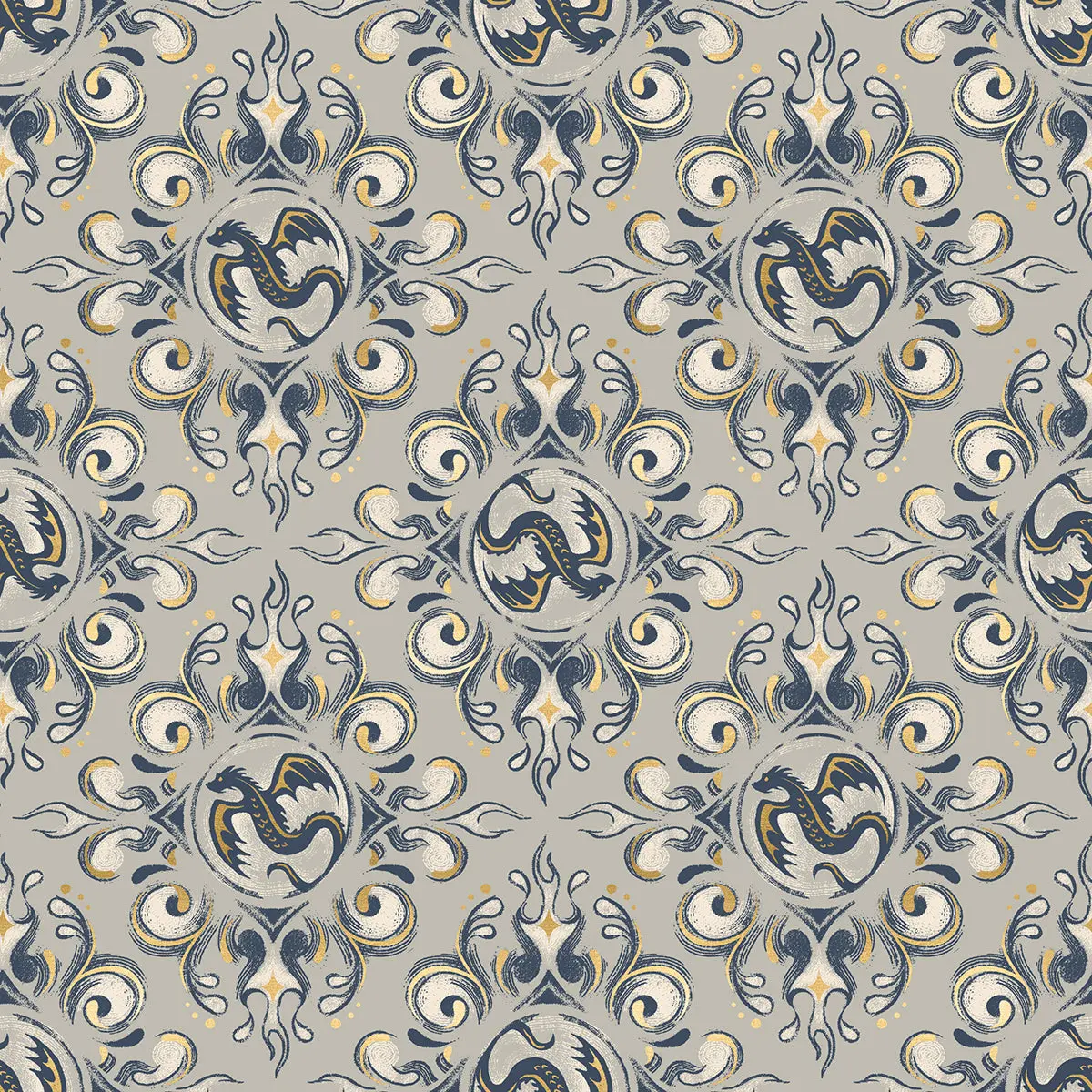 Fabric Ruby Star Society Metallic Oyster Dragon Emblem Fireglow by the Quarter Yard RS2136-13M