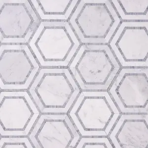 Carrara White 8x9 Milano Hexagon w/Blue Marble Mosaic Sample