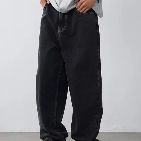 Men's Slouchy Cotton-Polyester-Viscose Straight-Leg Long Jeans - Plain Clothes, Loose Fit, Smooth Fabric, Casual Daily Wear