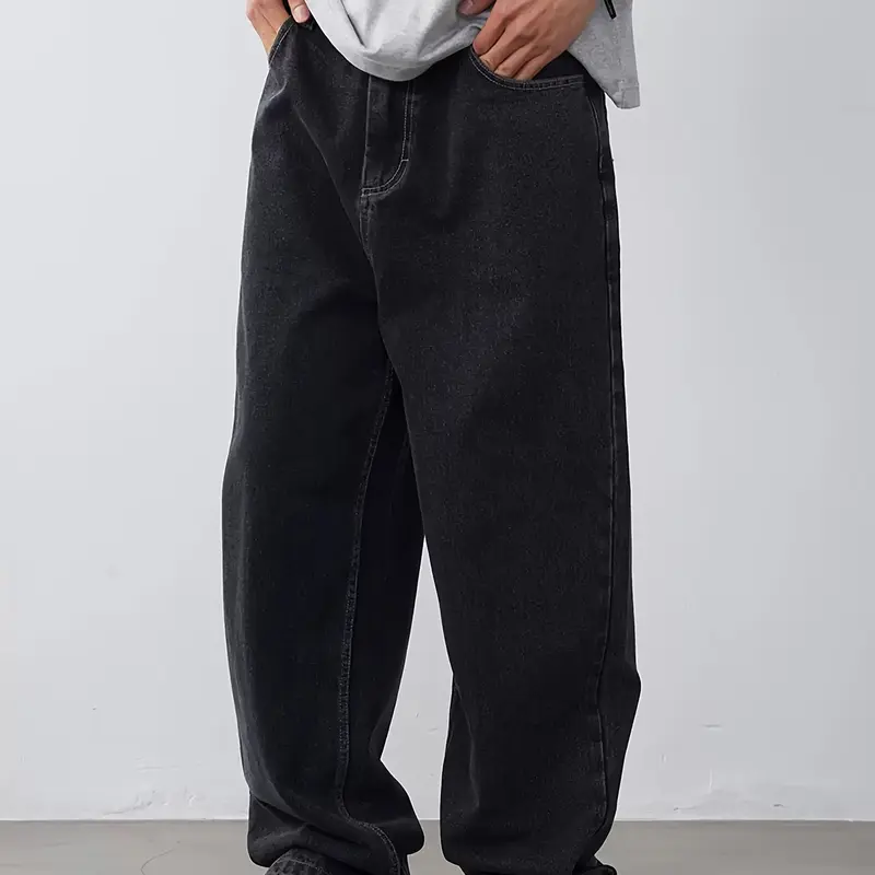 Men's Slouchy Cotton-Polyester-Viscose Straight-Leg Long Jeans - Plain Clothes, Loose Fit, Smooth Fabric, Casual Daily Wear