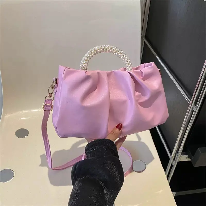 Women's Double-Sided PU Leather Clutch Purse - Lavender Pearl Handle, Stylish Lightweight Casual Handbag, Soft Texture, Elegant Design, Beads, Adjustable Strap, Hand Wash Only