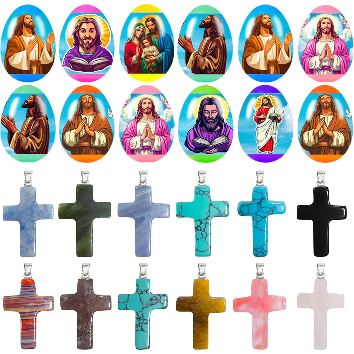 12 Pcs PreFilled Easter Eggs with Cross Crystal Stone Bulks 1'' Natural Gemstones Shaped Worry Stones for Kids Hunt Basket Stuffers Party Favors Gifts