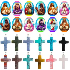 12 Pcs PreFilled Easter Eggs with Cross Crystal Stone Bulks 1'' Natural Gemstones Shaped Worry Stones for Kids Hunt Basket Stuffers Party Favors Gifts