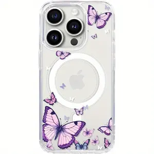 Purple Butterfly Transparent Magnetic Phone Case for iPhone 16 15 14 13 12 11 Pro Max TPU Protective Cover Lightweight Slim Design Perfect Christmas New Year Easter Halloween Gift for Women Girls