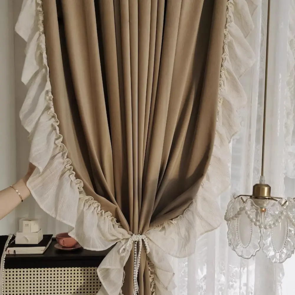 Vintage French Style Woven Linen Curtains, Ruffled Plush Edge, Thick Mashed Fabric, Perfect for Living Room Bedroom Balcony, Room Decor Curtain, Home Decorative Curtain, Home Decoration Curtain, Window Curtain