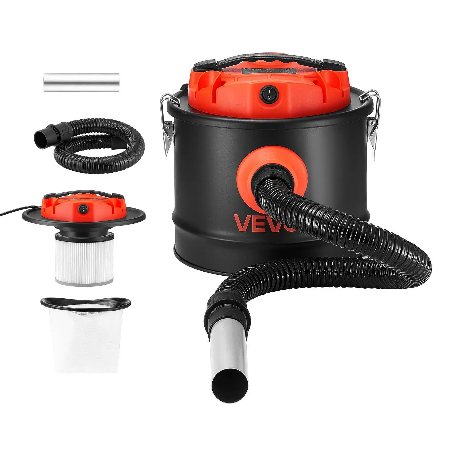 VEVOR Ash Vacuum 2.6 Gallon, 1200W Powerful Fireplace Cleaner Steel Body, for Fireplace, Pellet Stoves, Wood Stoves, Fire Pit, Grills, Double Stage Filtration System, 2.7 FT Hose, Black & Orange