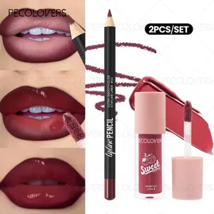 2pcs/Set Velvet Texture Lip Makeup Set-Lip Liner-Lip Glaze Elixir-Lipgloss-Waterproof Long-lasting Matte Effect, Red, Brown Colors, Create A Moisturizing, Hydrating and Natural Lip Makeup