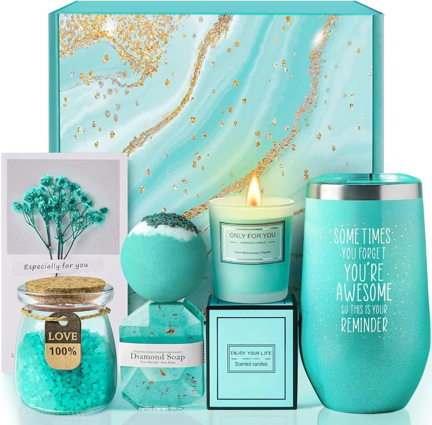 LE CADEAU Inspirational Self Care Spa Gift Basket Set for Women - 16oz Vacuum Insulated Tumbler, 3oz Gardenia Scented Candle, Bath Bomb, Bath Salt, Handmade Soap - Thoughtful Thank You Gifts for Mom, Wife, Girlfriend, Sister