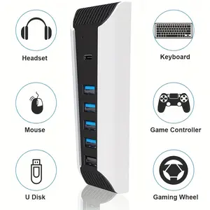 PS5 hub, high-speed USB expansion charger extender compatible with PlayStation 5 game consoles, with 4 USB ports +1 Type C port