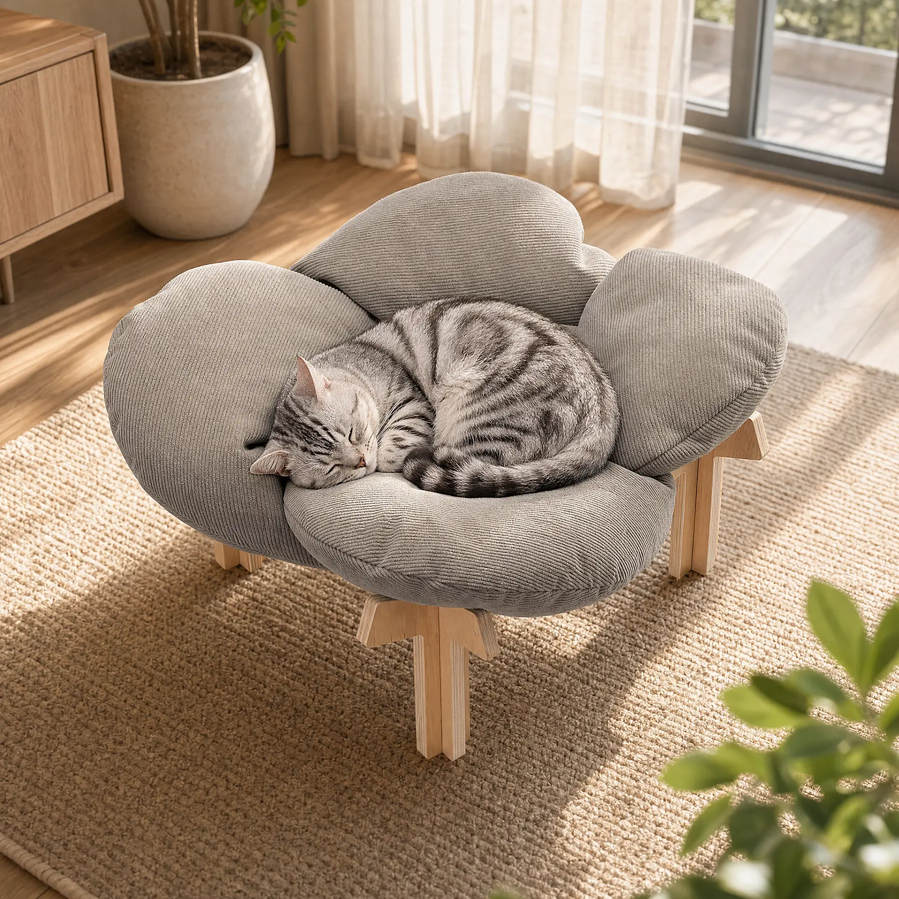 Elevated Flower Cat Bed, Wooden with Cushion, Removable Soft Cushion for Indoor Outdoor, Cat & Puppy Bed Up to 40lbs