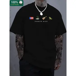 Men's Puerto Rico-Themed Cotton T-Shirt |         100% Cotton, Breathable & Comfortable |         Bohemian Style with Cultural Symbols Print |         Round Neck, Short Sleeve |         Ideal for All Seasons |         Perfect Gift for Father's Day