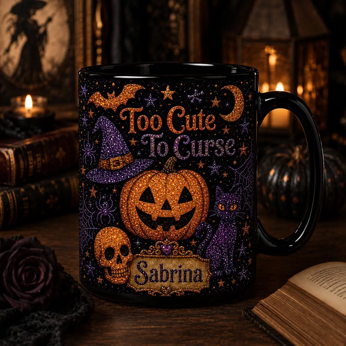 3D Effect Printed Ceramic Halloween Mug - Personalized Spooky Theme Halloween Art Cup with Custom Name, Witch Pumpkin Cat Design, Spooky Season Gift for Coffee Lovers