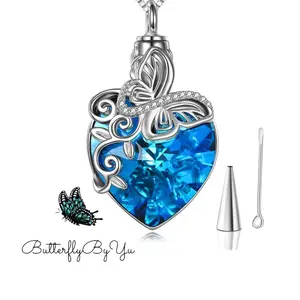 Blue Butterfly Heart Cremation Necklace, Urn, Memorial, Keepsake, Love, Ashes Stainless Ash Urn Fill Kit