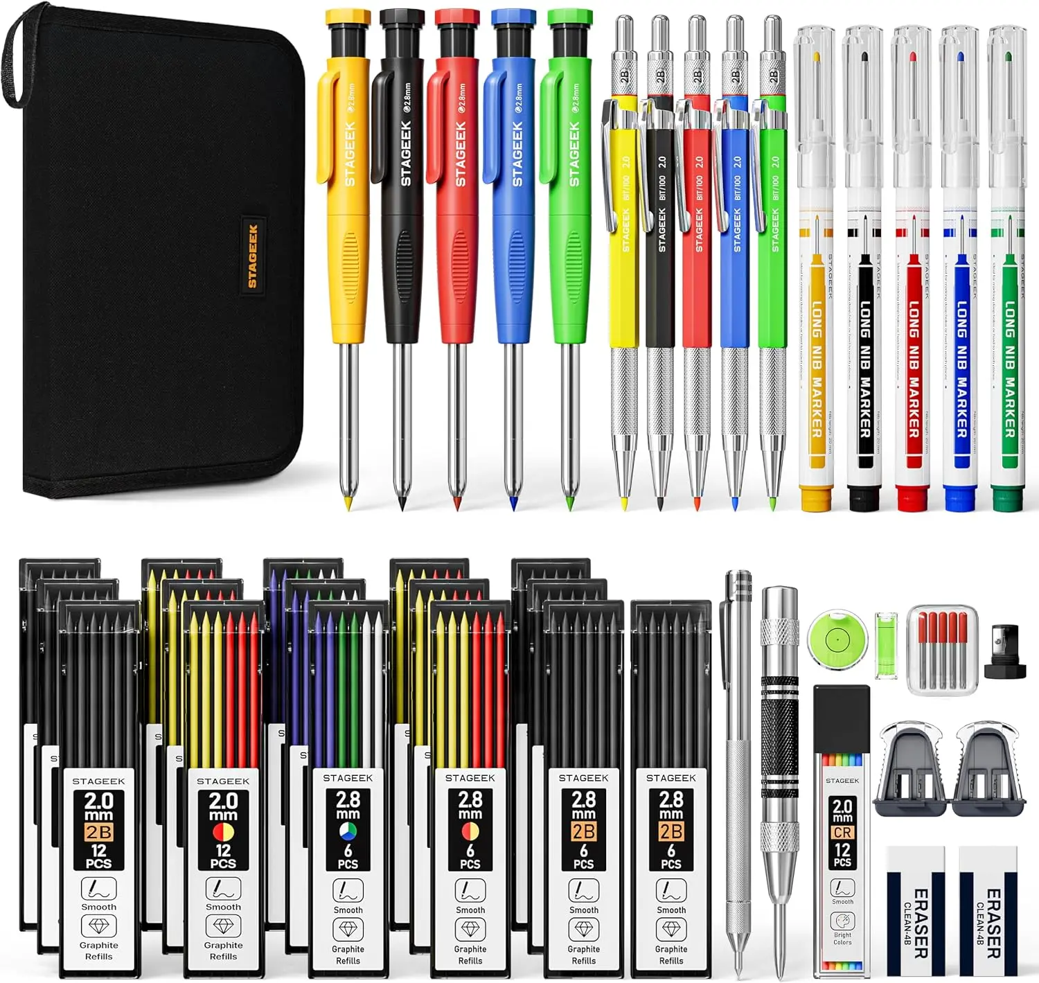 STAGEEK 49/34PCS Portable Graphite Mechanical Pencils Set (1.3mm & 2.0mm Mechanical Pencils, 2.0 Set) with Sharpener, Long-Nib Marker Pens, Carbide Scribe Tool, Case for Woodworking