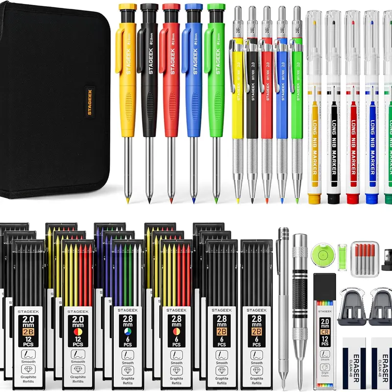 STAGEEK 49/34PCS Carpenter Pencil Set with Sharpener Mechanical Pencils Long-Nib Marker Pens Carbide Scribe Tool for Woodworking with Case