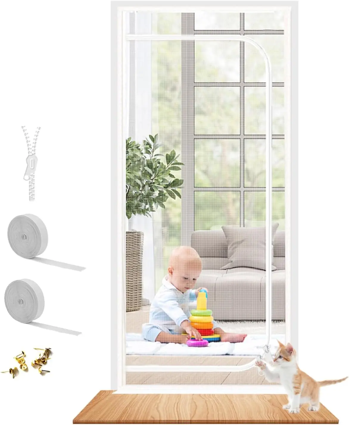 Upgraded Reinforced Pet Screen Door Thickened  Resistant Mesh Screen Door for Living Room, Bedroom, Patio,   Scratch Proof Screen with Zipper Closure (Fits Door Size up to 36''x 82'', White)