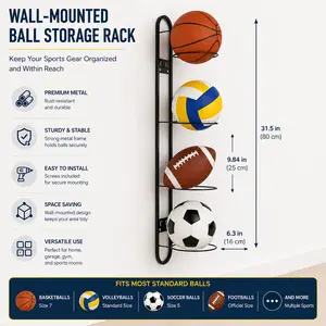 Upgrade Wall-Mounted Ball Rack, Metal Storage Shelf for Basketball, Soccer, Volleyball, Space-Saving for Garage, Home Gym