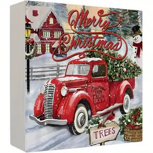Red Truck Christmas Signs and Decorations, Farmhouse Wood Signs for Home Office Desk Shelf Table Decor, 5x5 Inch