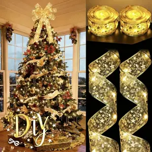 Christmas Tree Decorations 2 Pack 32Ft 100LED Gold Ribbon Fairy Lights, Battery Powered Double Layer Bow String Lights, Indoor Outdoor Home Party Holiday New Year Xmas Decor