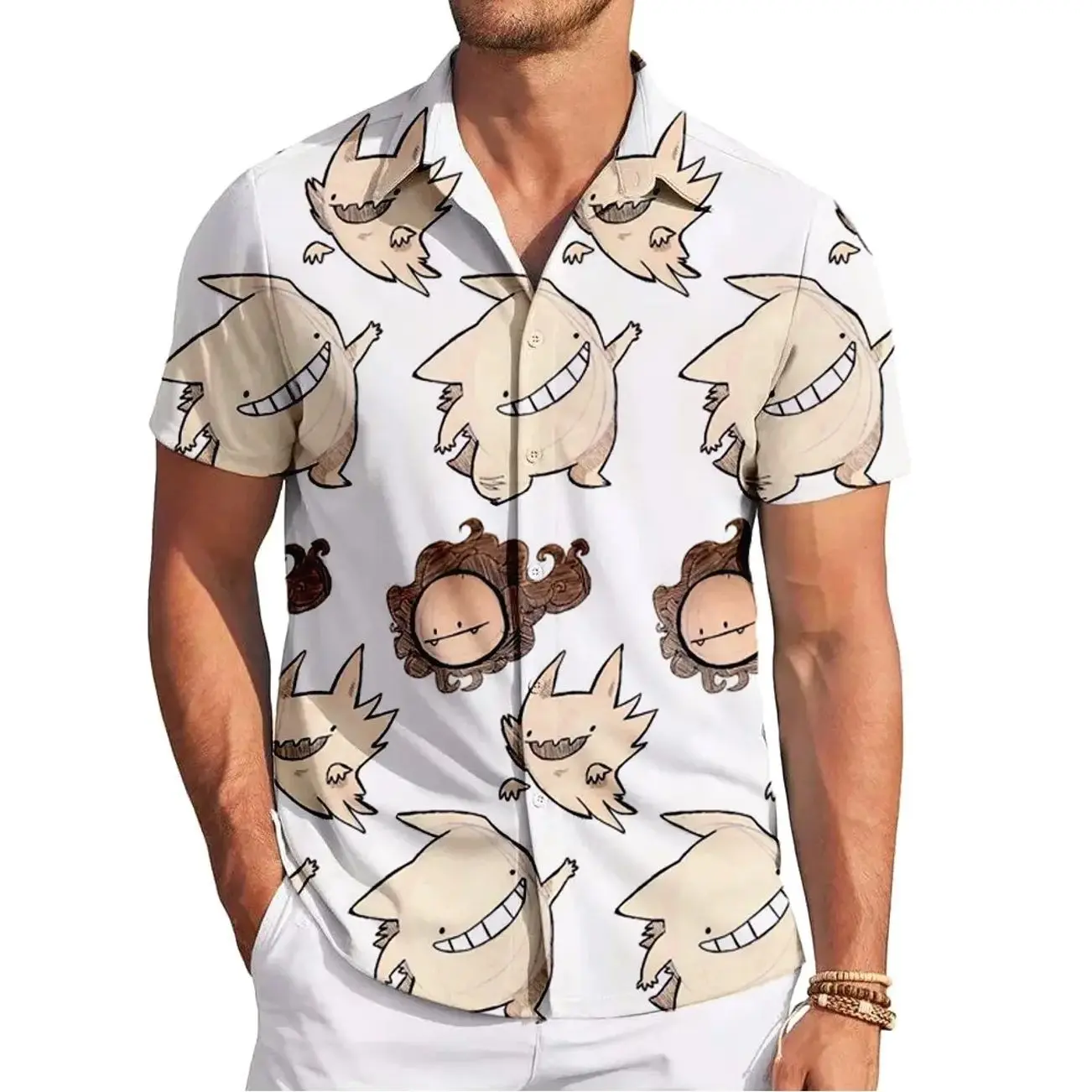Spooky Doodle Gengar Poke PKM Hawaiian Shirt | Cool Summer Anime Vibes for Men & Fans