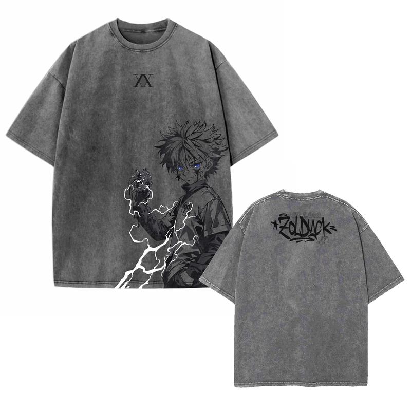 KILLUA Hunter X Hunter Anime Double Printed Vintage Washed Tee Unisex Oversize Heavyweight Cotton Tshirt for Anime Fans and Lovers Comfort Streetwear Fabric Oversized Top Womenswear
