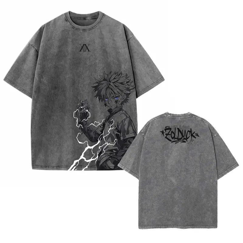 KILLUA Hunter X Hunter Anime Double Printed Vintage Washed Tee Unisex Oversize Heavyweight Cotton Tshirt for Anime Fans and Lovers Comfort Streetwear Fabric Oversized Top Womenswear