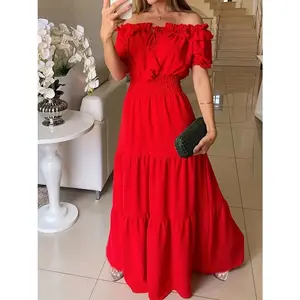 Women's  Off Shoulder Ruffled Bubble Sleeve Maxi Dress - Elegant Tiered Long Summer Dress with Elastic Waist