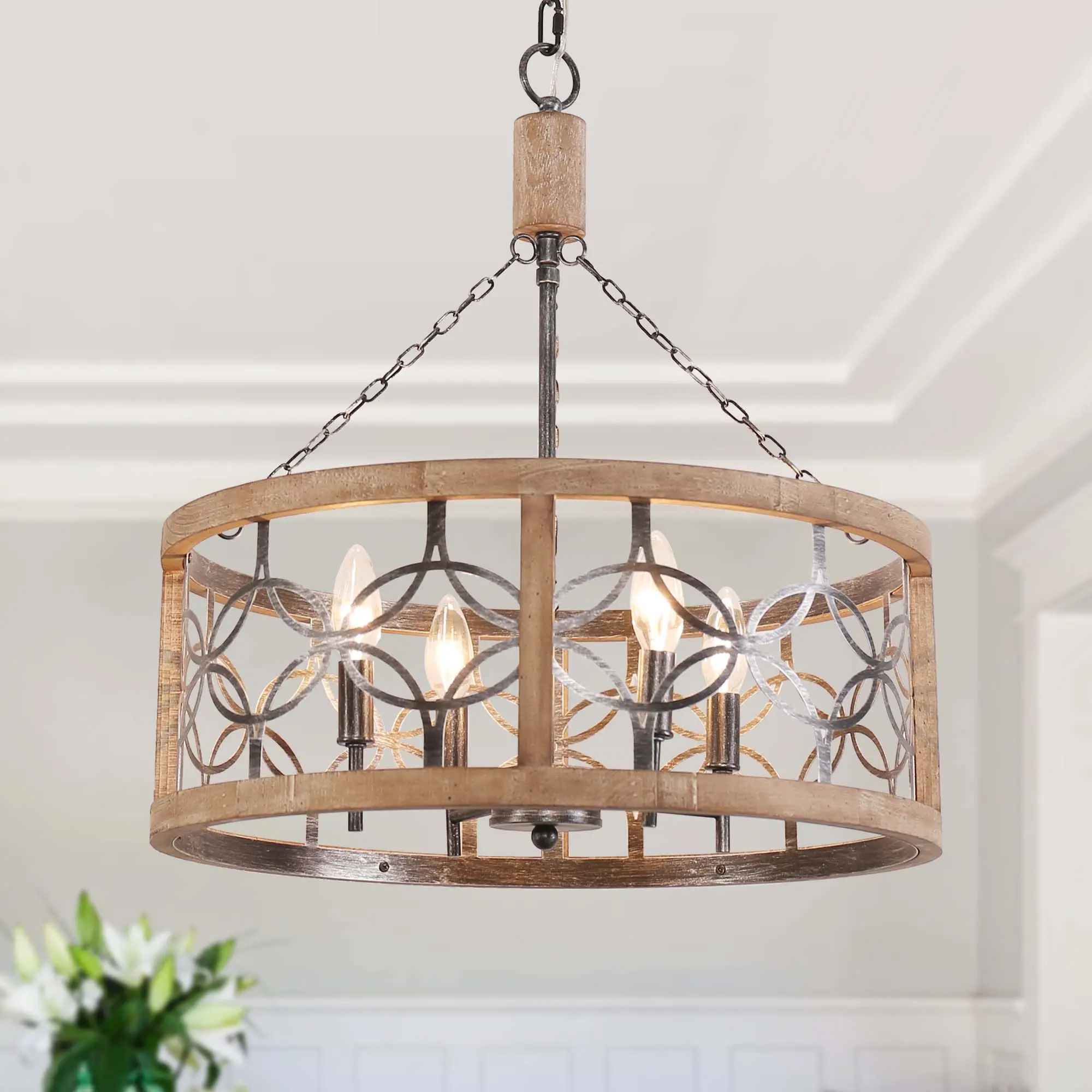 4 Lights 19.7" Small Size Creative Wooden Chandelier with Adjustable Chain for Home Decoration
