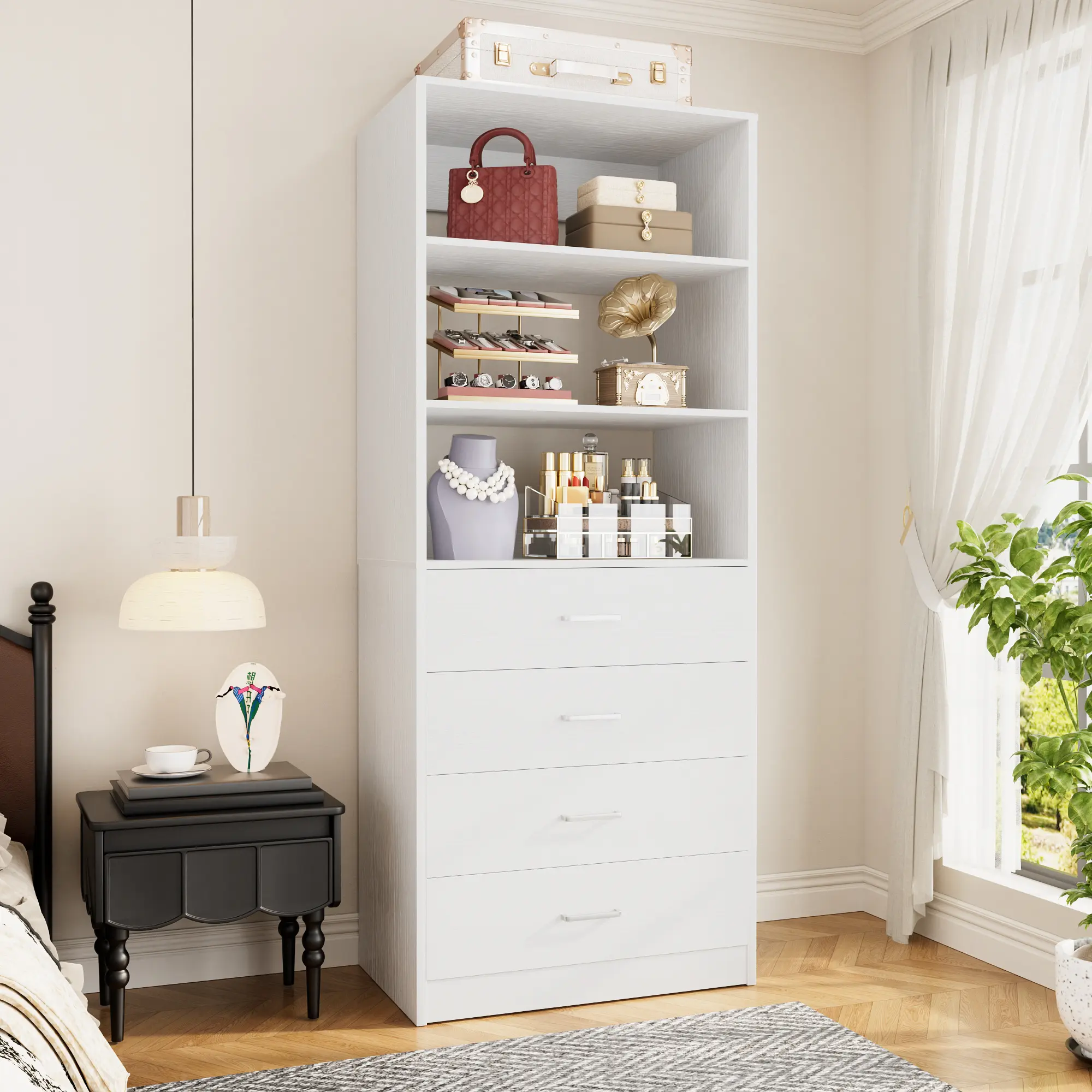 21.3" Wood Closet System with 4 Drawers, Modern Walk-in Closet Organizer with Adjustable Storage Shelves, Sturdy Home Small Closets Wardrobe Rack