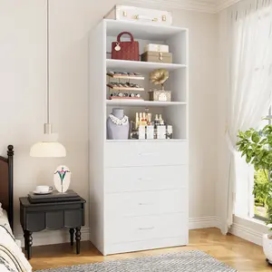 21.3" Wood Closet System with 4 Drawers, Modern Walk-in Closet Organizer with Adjustable Storage Shelves, Sturdy Home Small Closets Wardrobe Rack