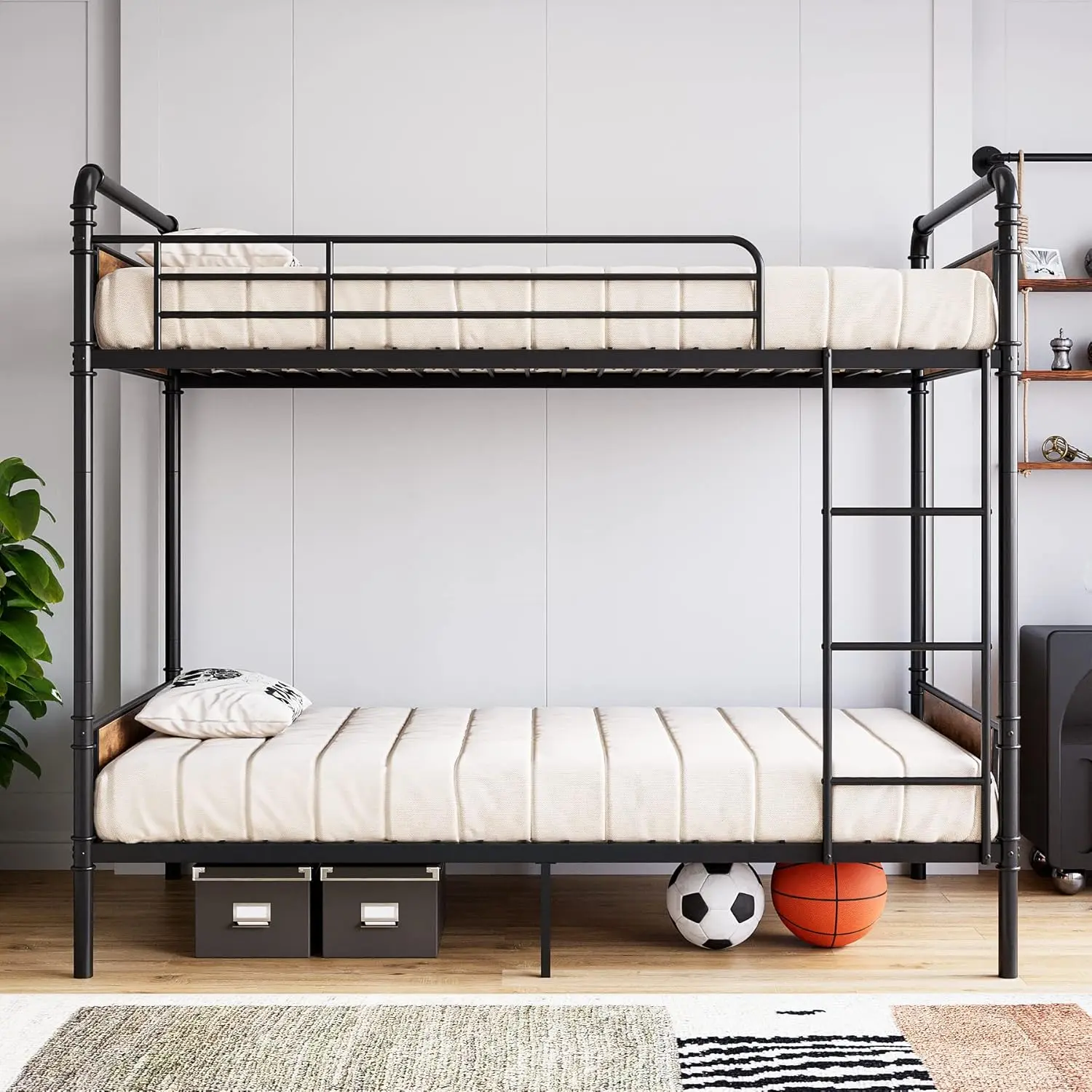 【Christmas Gift】Metal Bunk Bed Twin Over Twin Twin Bunk Beds Heavy Duty Twin Size Metal Bunk Bed with High Guardrail and Ladders Convertible Bunk Beds for Kids Adults No Box Spring Needed Black