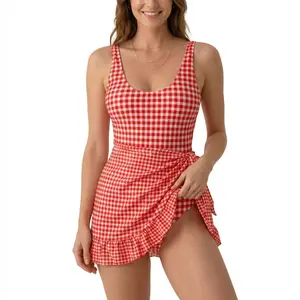 Women's Retro Red Gingham One-Piece Swimwear with Detachable Ruffle Skirt  Swimsuit | Vintage Tummy Control Checkered Bathing Suit Sarong Cover Up for Beachwear