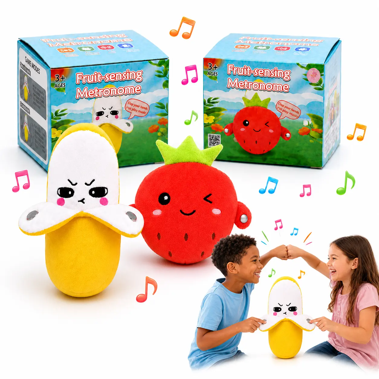 Musical Plush Toy, USB-Rechargeable Touch-Activated Two-Player Rhythm Game, Soft Cuddly Banana or Strawberry Stuffed Animal Gift for Kids Ages 3+