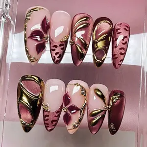 Vintage Gold Leopard Print Press-On Nails, French Flower Cat Eye Design, Removable Wearable Nail Art for Women Girls