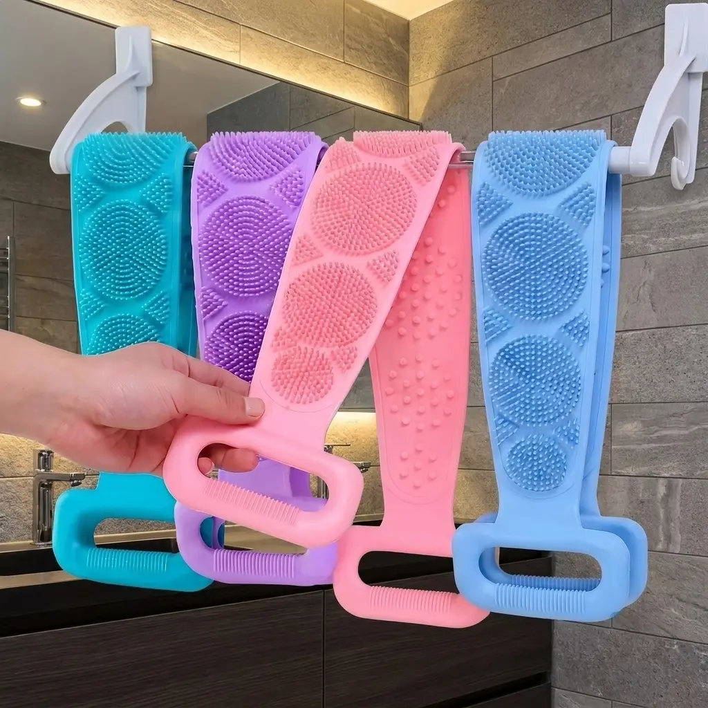 Double-Sided Silicone Body Scrubber for Shower, Flexible Exfoliating Bath Brush Strap, Soft Skin Cleansing Body Brush, Gentle Shower Scrubber for Men & Women, Suitable for All Skin Types