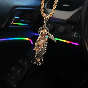 XL Gold Plated Santa Muerte Pendant with Red Eyes and 24 Inch Rope Chain Unique Design Durable Material for Daily Wear Gothic Mystery Jewelry